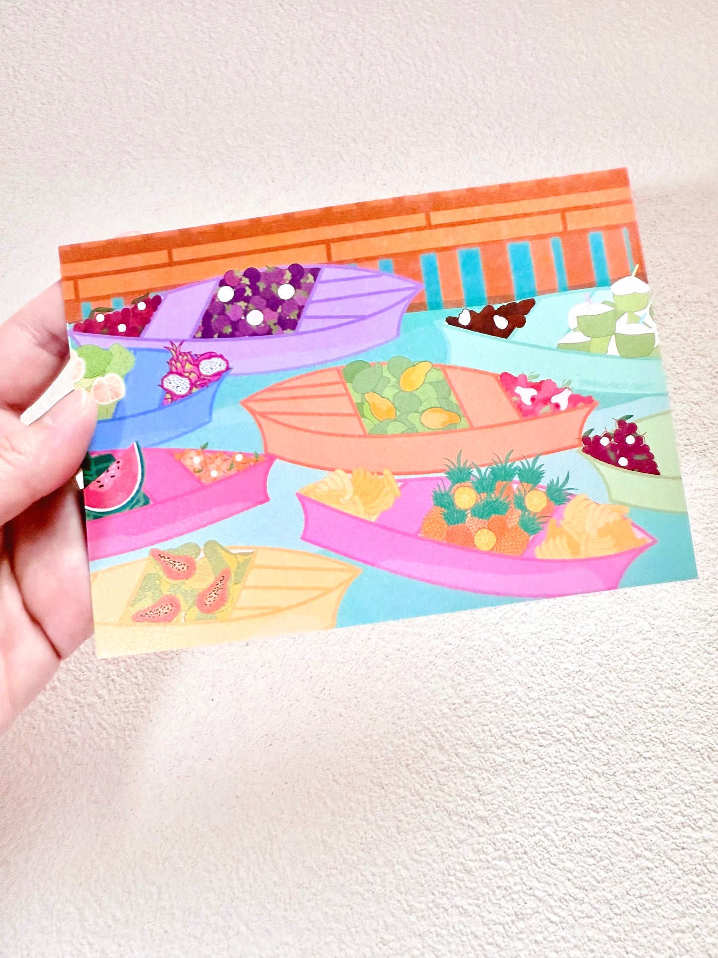 “FLOATING MARKET” Shimmery Postcard