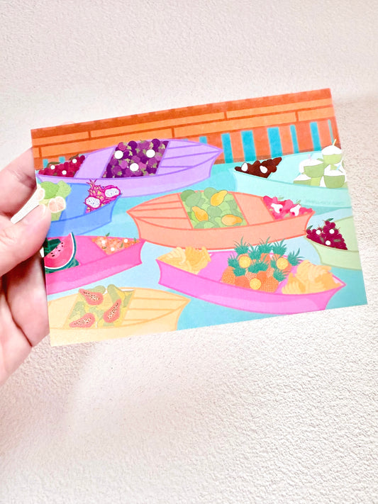 “FLOATING MARKET” Shimmery Postcard